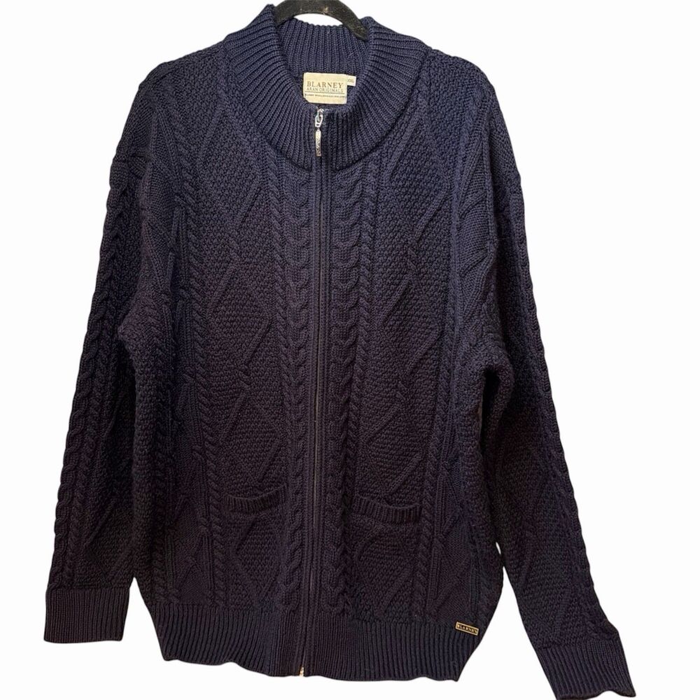 Blarney Aran Originals Blarney Woolen Mills Ireland Full Zip Blue Sweater XXL